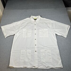 Havana Nines Guayabera Shirt Mens XL White‎ Embroidered Rayon Blend Palms NOTE